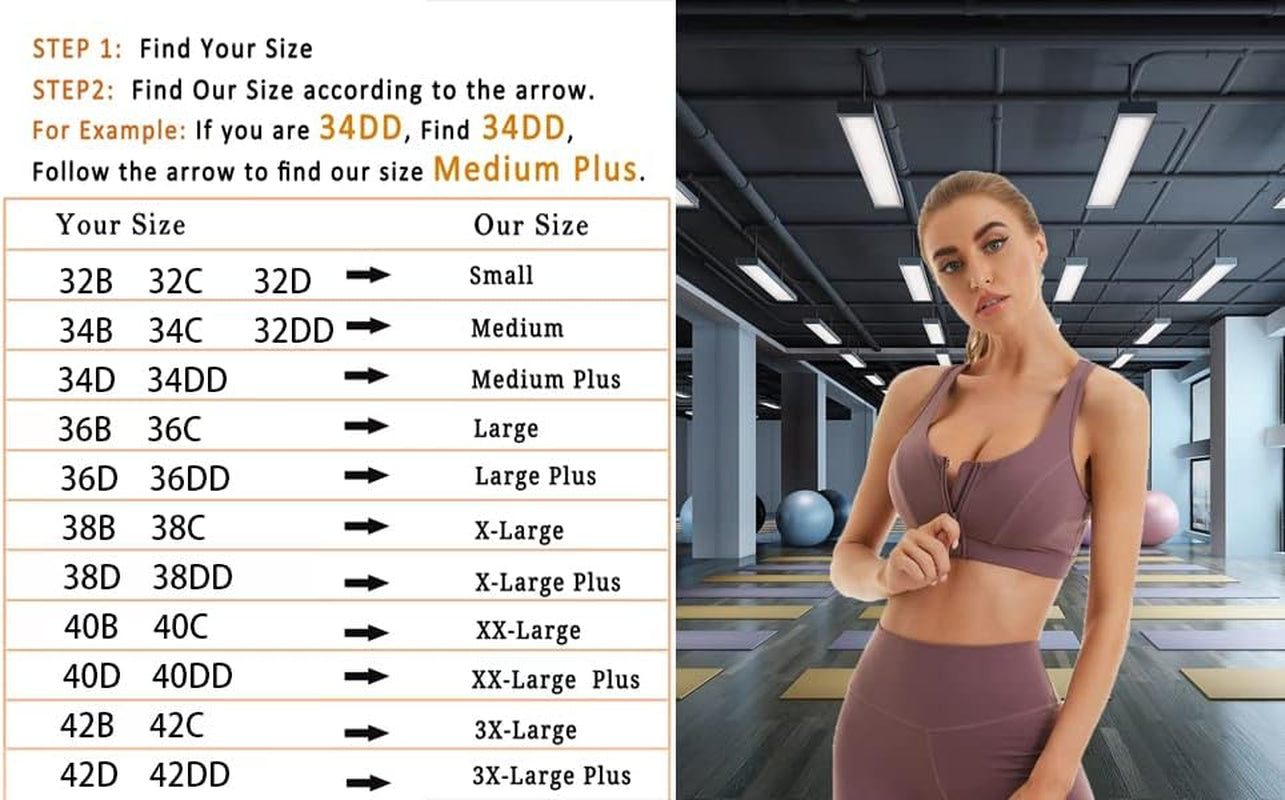 Womens Sports Bra with Zip Closure and Racerback,Wireless Bras,Four-Way Stretch Fabric with Removable Padded