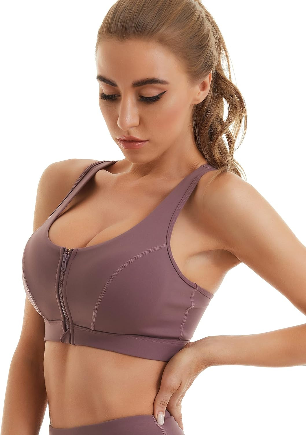 Womens Sports Bra with Zip Closure and Racerback,Wireless Bras,Four-Way Stretch Fabric with Removable Padded