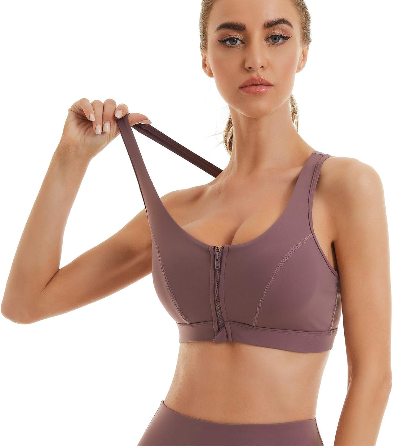 Womens Sports Bra with Zip Closure and Racerback,Wireless Bras,Four-Way Stretch Fabric with Removable Padded
