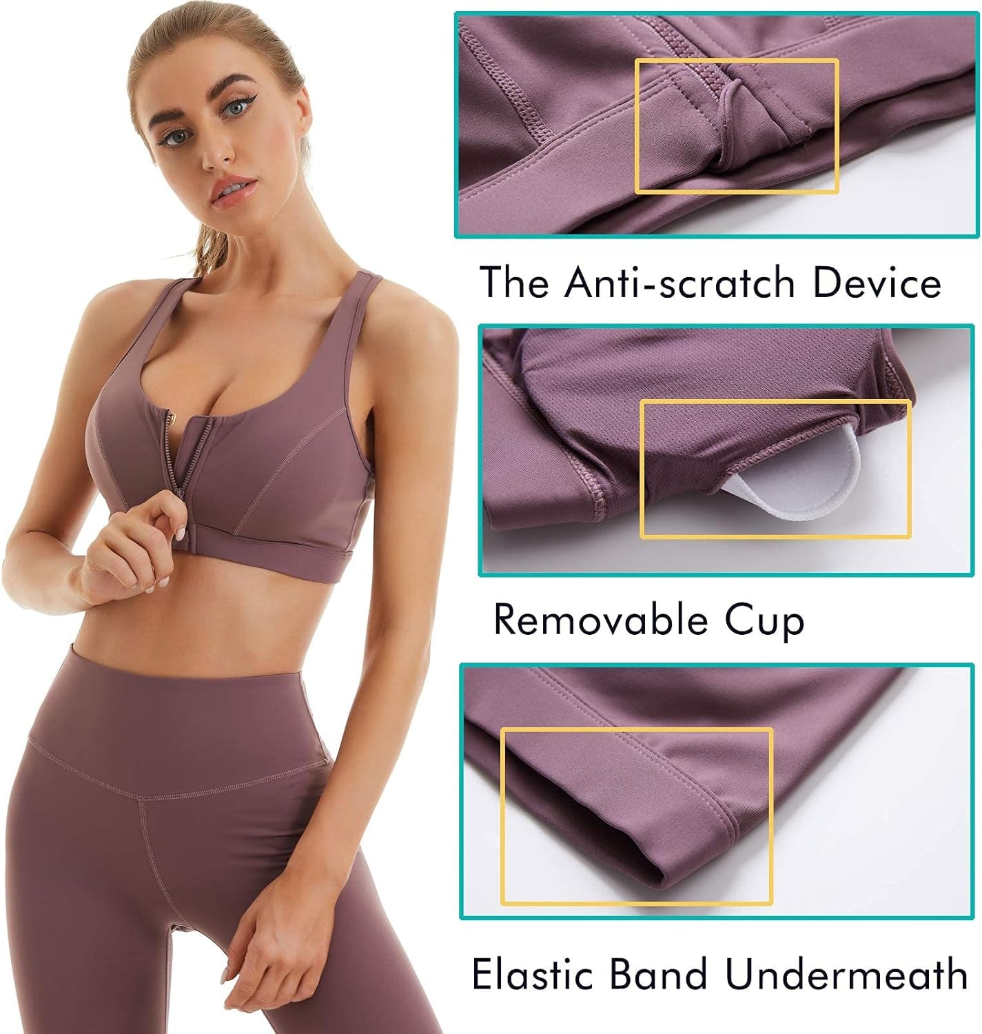 Womens Sports Bra with Zip Closure and Racerback,Wireless Bras,Four-Way Stretch Fabric with Removable Padded