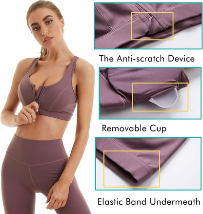 Womens Sports Bra with Zip Closure and Racerback,Wireless Bras,Four-Way Stretch Fabric with Removable Padded